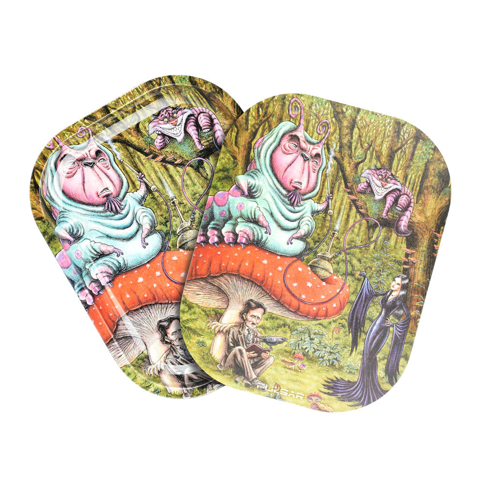 Pulsar Mini Metal Rolling Tray with Lid featuring Malice in Wonderland artwork, 7"x5.5" size - Top View