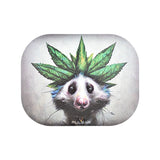 Pulsar Mini Metal Rolling Tray with Lid featuring an Opossum with Cannabis Leaf, 7"x5.5" Top View