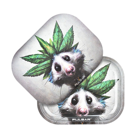 Pulsar Mini Metal Rolling Tray with Lid featuring an Opossum and Cannabis Leaf Design, 7"x5.5" Top View