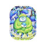 Pulsar Mini Metal Rolling Tray w/ Lid featuring a vibrant mushroom and creature design, 7"x5.5" top view