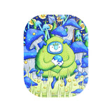 Pulsar Mini Metal Rolling Tray w/ Lid featuring whimsical mushroom design, 7"x5.5" top view