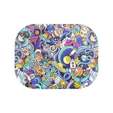 Pulsar Mini Metal Rolling Tray with Lid featuring vibrant Space Junk design, top view, 7"x5.5" size