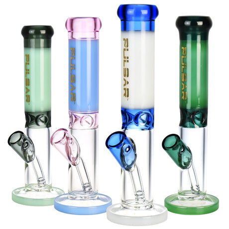 Pulsar Mini Straight Tube Bongs in assorted colors with clear borosilicate glass bodies, front view.