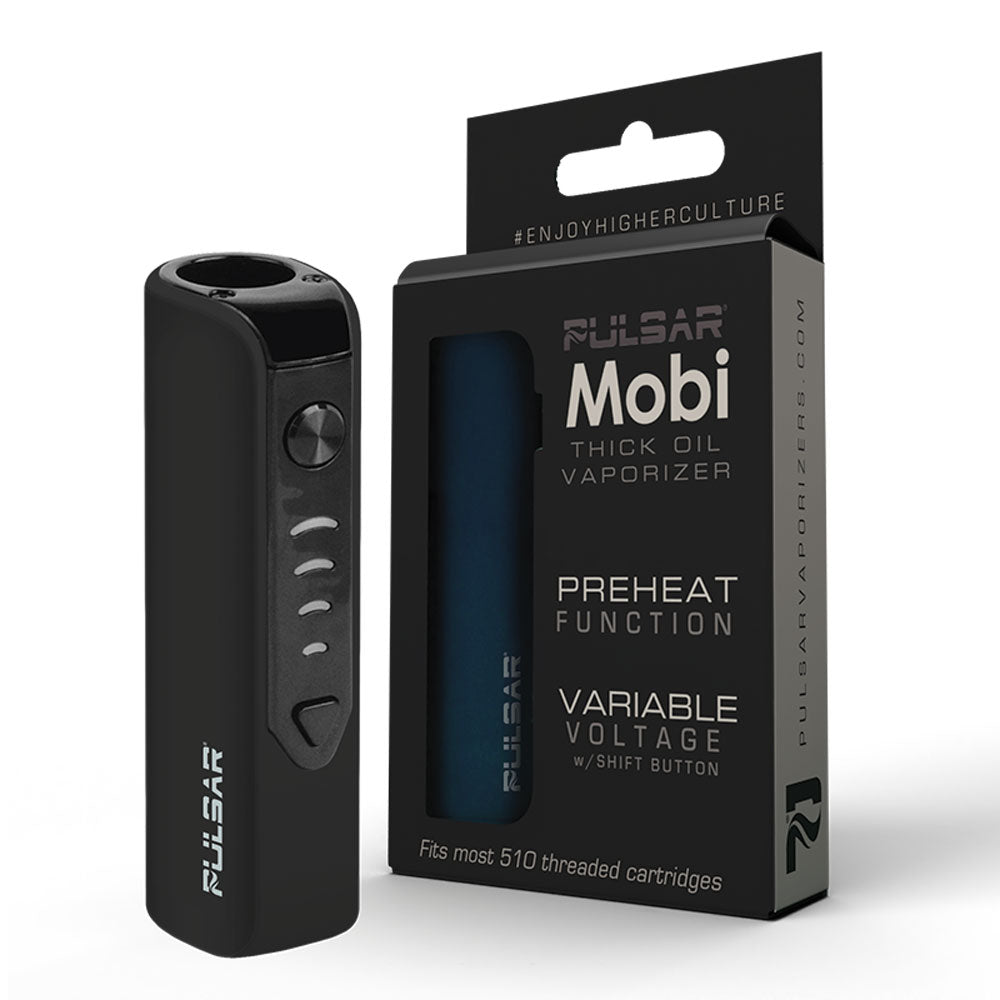 Pulsar Mobi Thick Oil Vaporizer in black with packaging, featuring preheat function