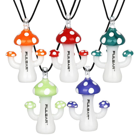 Pulsar Mushroom One Hitter Necklaces, 5pc Set, Borosilicate Glass, Assorted Colors, Front View