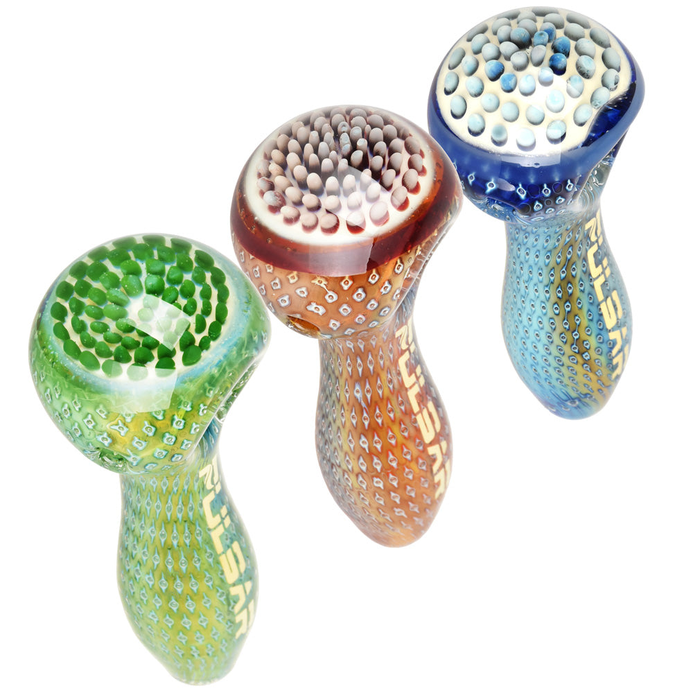 Pulsar Mystic Bubble Matrix Spoon Pipes in Black, Clear, and Blue with Bubble Design, Top View
