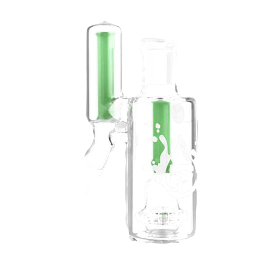 Pulsar Dual Chamber Ashcatcher in clear borosilicate glass with green accents, 45-degree joint