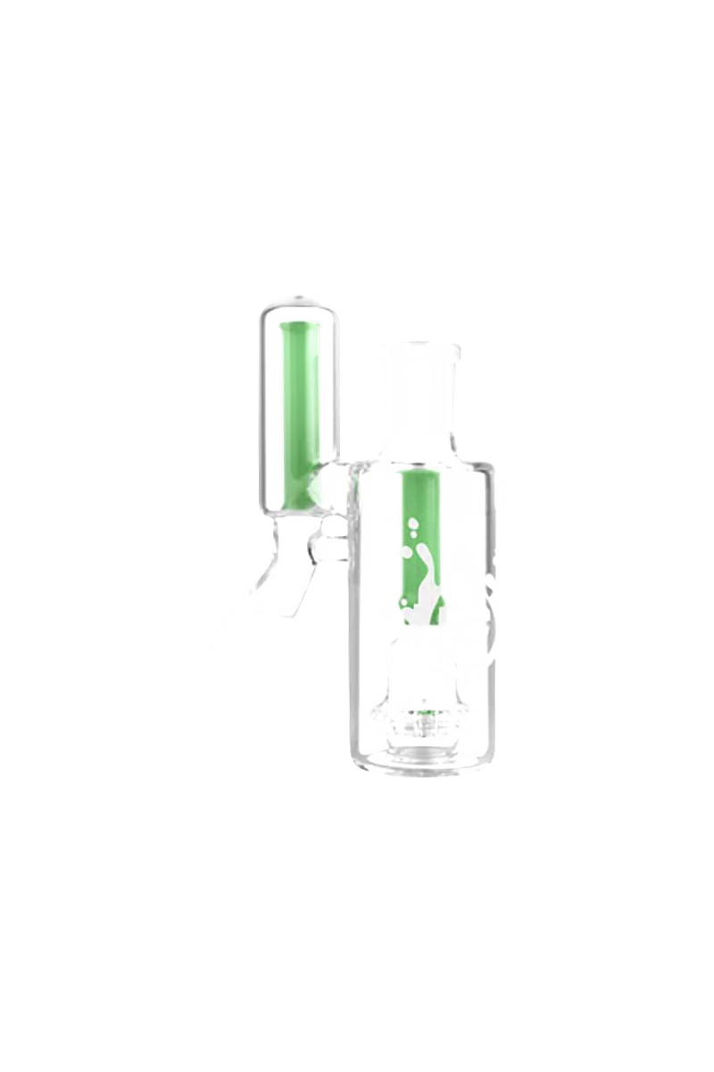 Pulsar Dual Chamber Ashcatcher in clear glass with green accents, 45-degree joint, front view