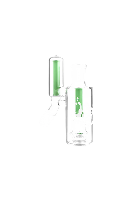 Pulsar Dual Chamber Ashcatcher in clear glass with green accents, 45-degree joint, front view