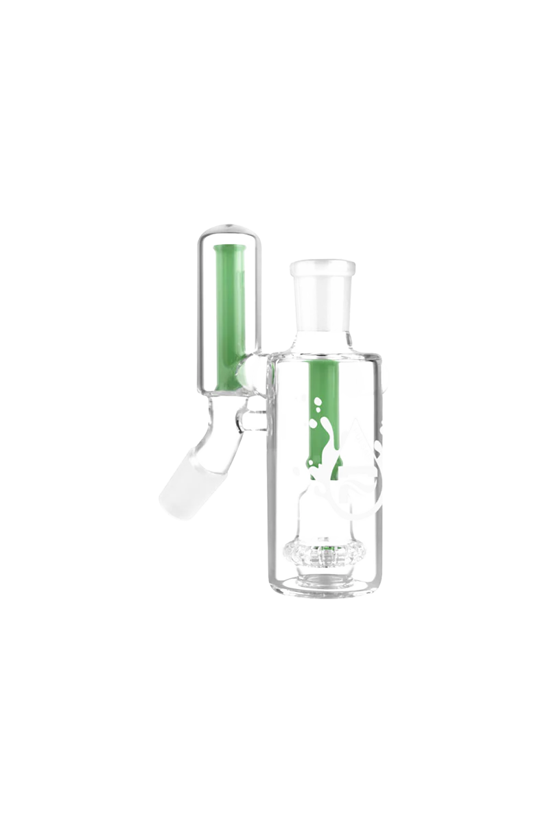 Pulsar Dual Chamber Ashcatcher in clear and green, 45-degree joint, for bongs and dab rigs, front view