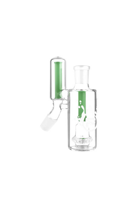 Pulsar Dual Chamber Ashcatcher in clear and green, 45-degree joint, for bongs and dab rigs, front view
