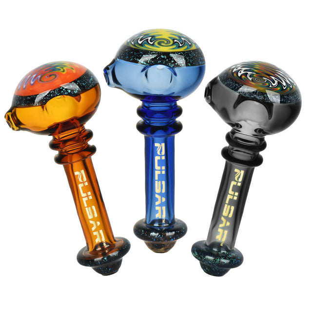 Pulsar Oort Cloud Spoon Pipes in orange, blue, and black with celestial design, front view on white background