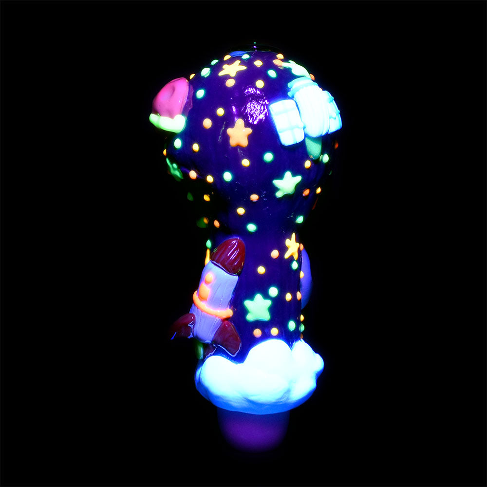 Pulsar Outer Space Hand Pipe with glow-in-the-dark stars and rocket design, front view