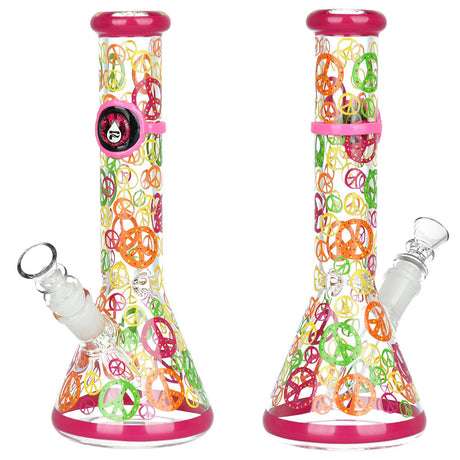 Pulsar Peacekeeper Beaker Water Pipe, 10" with colorful peace sign design, front and angled view