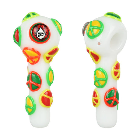 Pulsar Peacekeeper Hand Pipe with colorful peace sign design, front and side views