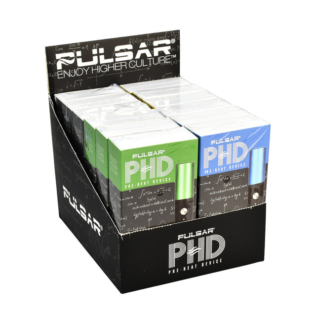 Pulsar PHD Pre-Heat Device 510 Battery 12-pack, assorted colors, front view on display box