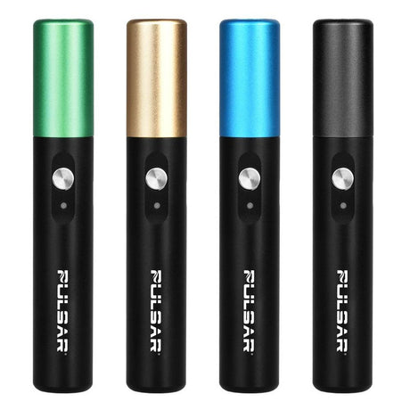 Pulsar PHD Pre-Heat 510 Battery in green, gold, blue, and black colors, front view on white background