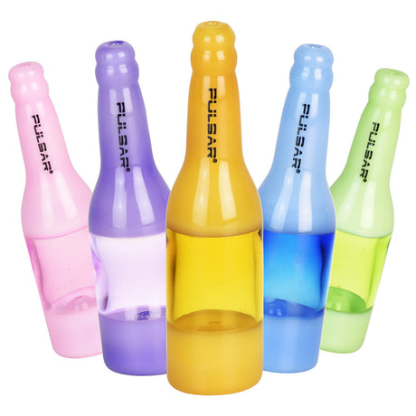 Pulsar Pop Bottle Chillum Pipes in assorted colors with a 14mm herb slide, front view