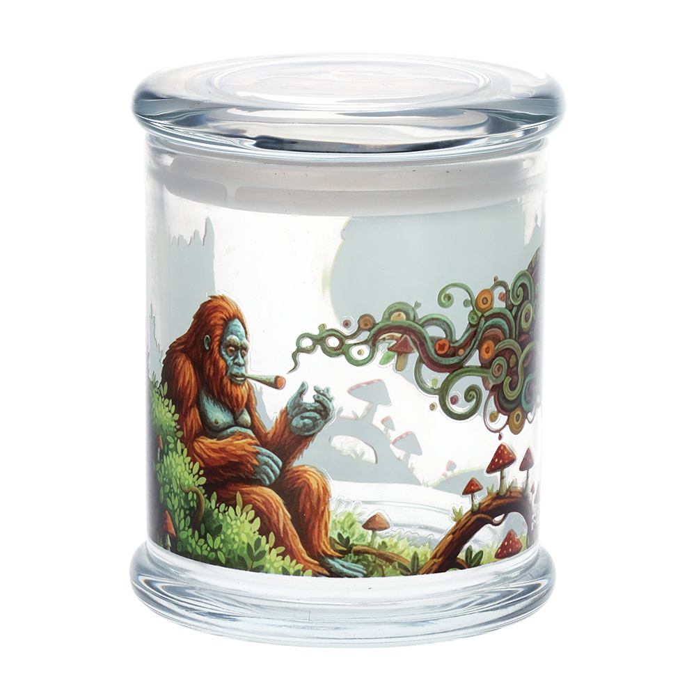 Large clear glass stash jar from Pulsar with a full color decal design, 4.5 inches tall by 3.9 inches wide (photo 10)
