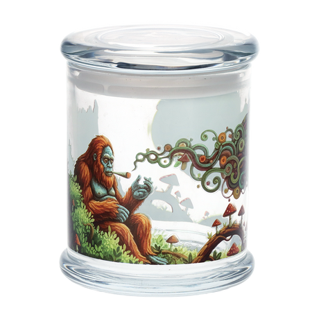 Large clear glass stash jar from Pulsar with a full color decal design, 4.5 inches tall by 3.9 inches wide (photo 10)