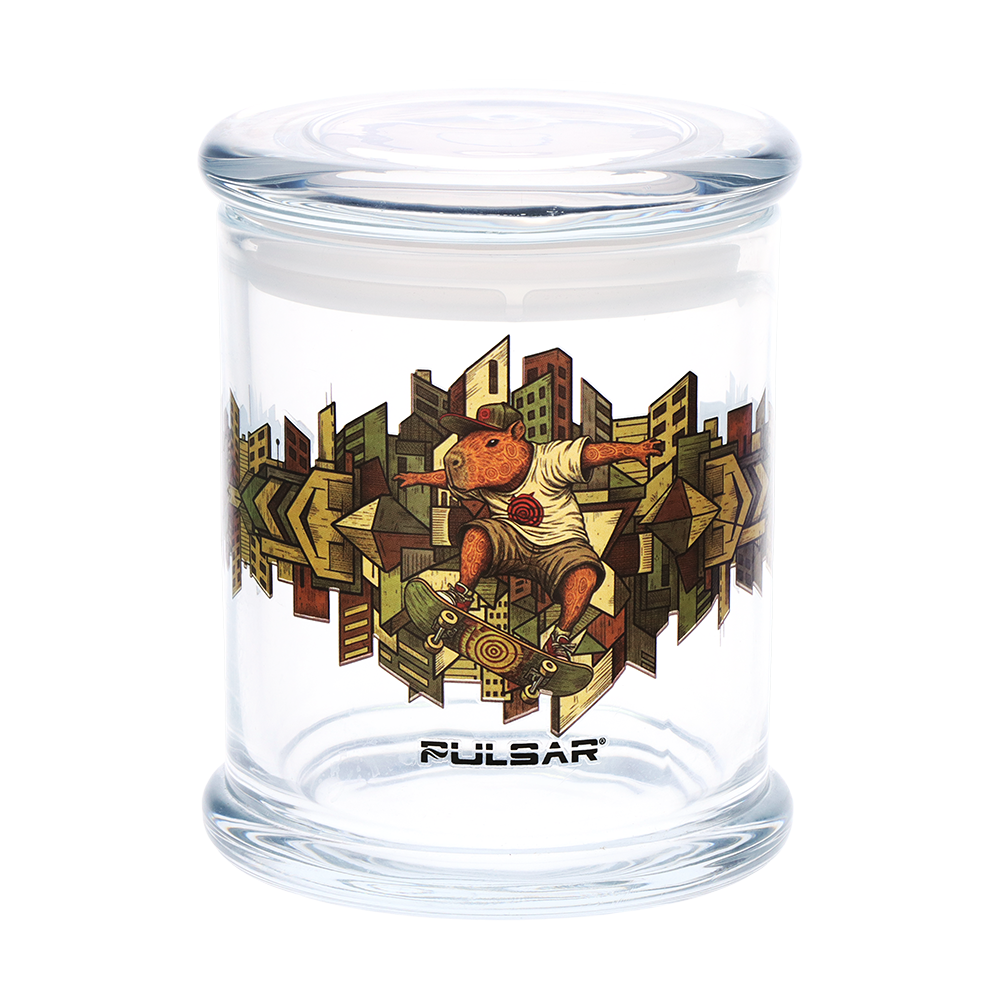 Pulsar Capy Rides and Cat Couch designs available on this 4.5 inch large pop top glass jar, 500mL