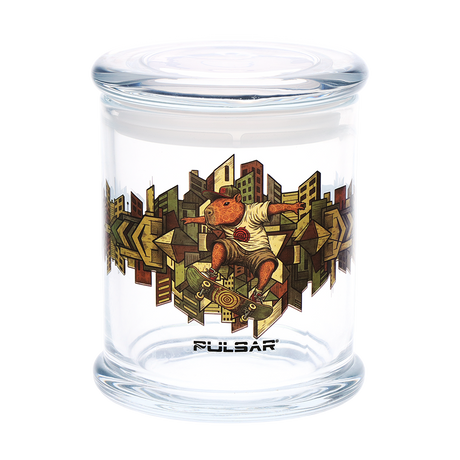 Pulsar Capy Rides and Cat Couch designs available on this 4.5 inch large pop top glass jar, 500mL