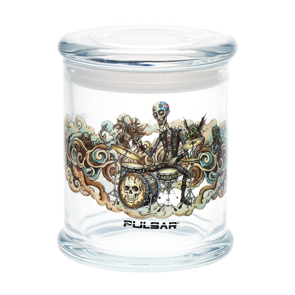 Pulsar Give The Drummer Some stash jar, large clear glass with a pop top lid and printed full color art