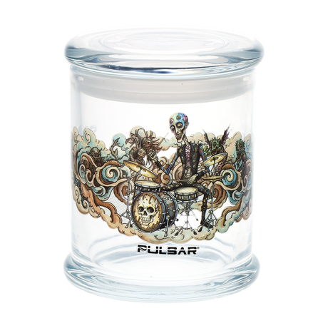 Pulsar Give The Drummer Some stash jar, large clear glass with a pop top lid and printed full color art