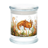 Pulsar Hellbender design large glass stash jar, an airtight 500mL jar for storing herb and more