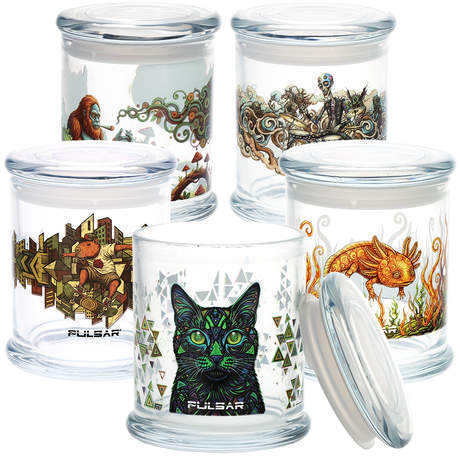 Pulsar Pop Top 4.5 inch large glass stash jar with an airtight pop top lid and 500mL capacity