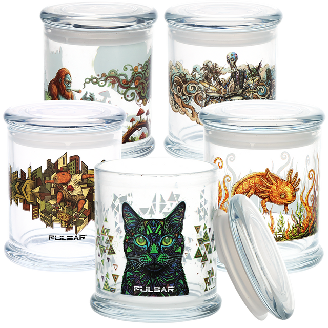 Pulsar Pop Top 4.5 inch large glass stash jar with an airtight pop top lid and 500mL capacity