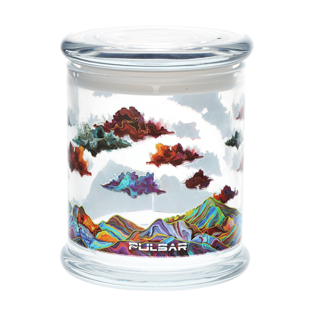 Pulsar glass storage jar in the Metallic Mountains design, with a pop top lid for herb or small items