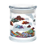 Pulsar glass storage jar in the Metallic Mountains design, with a pop top lid for herb or small items