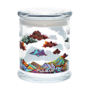 Pulsar glass storage jar in the Metallic Mountains design, with a pop top lid for herb or small items