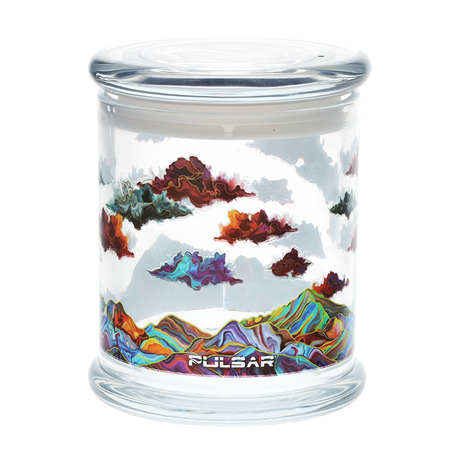 Pulsar glass storage jar in the Metallic Mountains design, with a pop top lid for herb or small items
