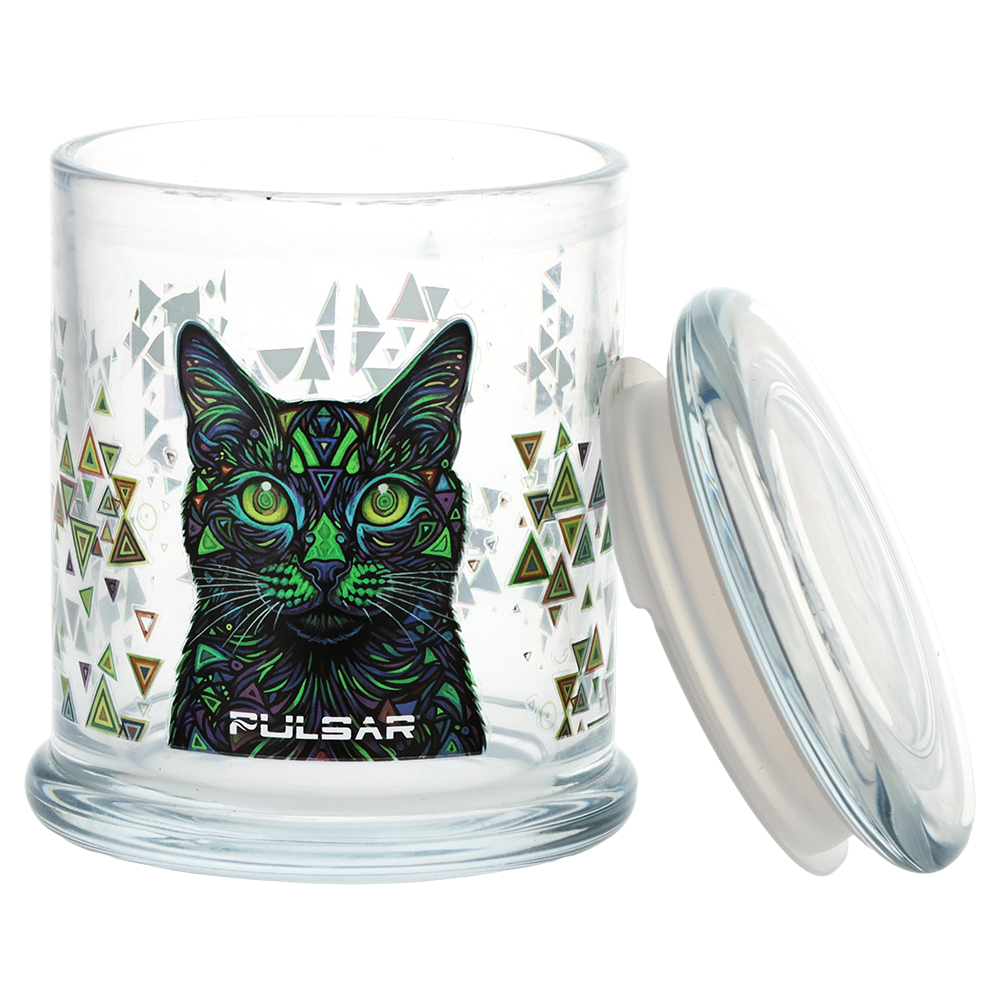 Large clear glass stash jar from Pulsar with a full color decal design, 4.5 inches tall by 3.9 inches wide