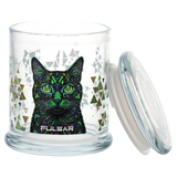 Large clear glass stash jar from Pulsar with a full color decal design, 4.5 inches tall by 3.9 inches wide