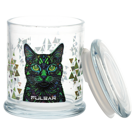 Large clear glass stash jar from Pulsar with a full color decal design, 4.5 inches tall by 3.9 inches wide