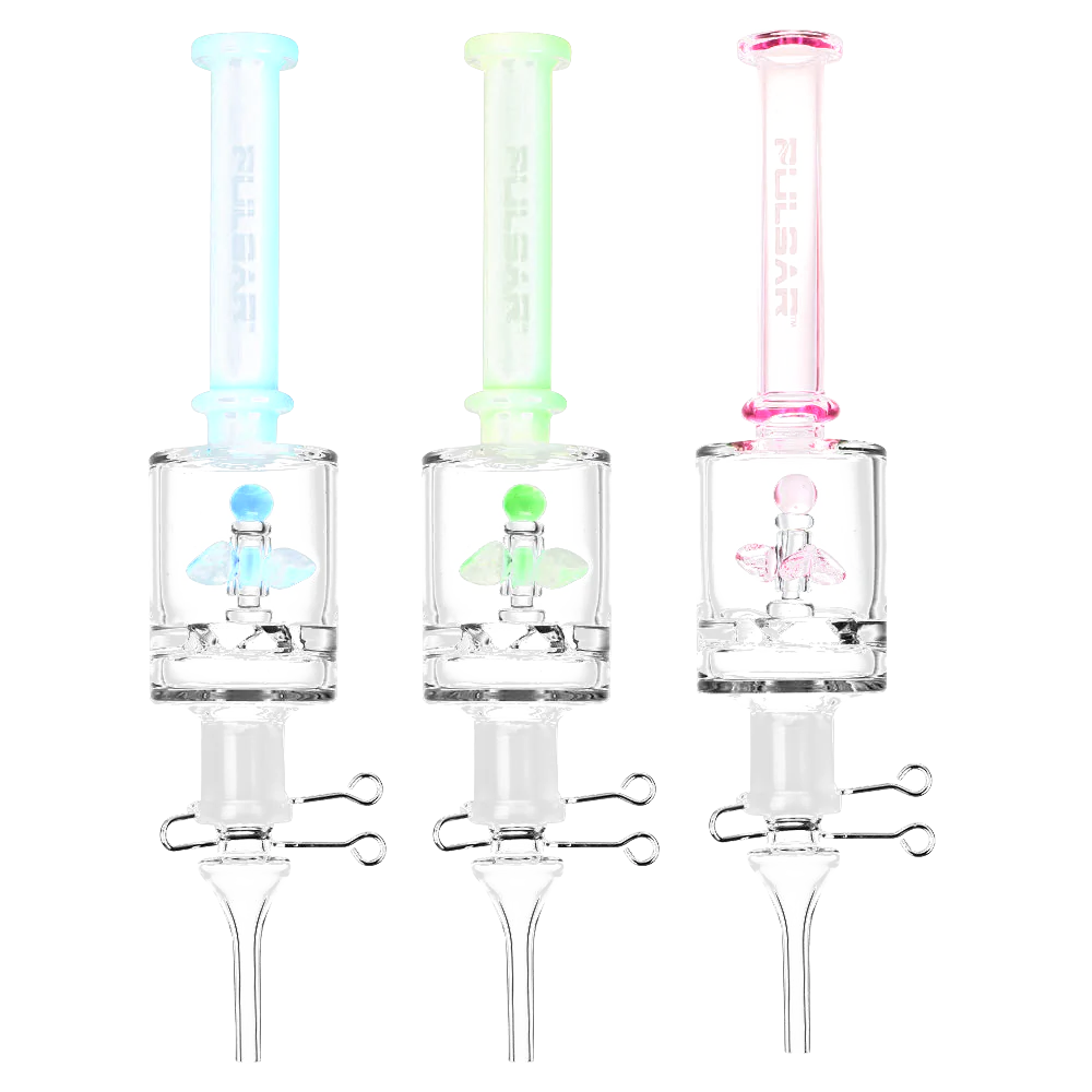 Pulsar Propeller Vapor Vessels in blue, green, and pink, front view, for concentrates, 9" compact design