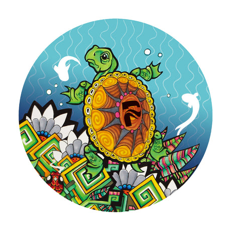 Pulsar Psychedelic Bat Beaker Water Pipe with vibrant turtle design, 10" height, 45-degree joint
