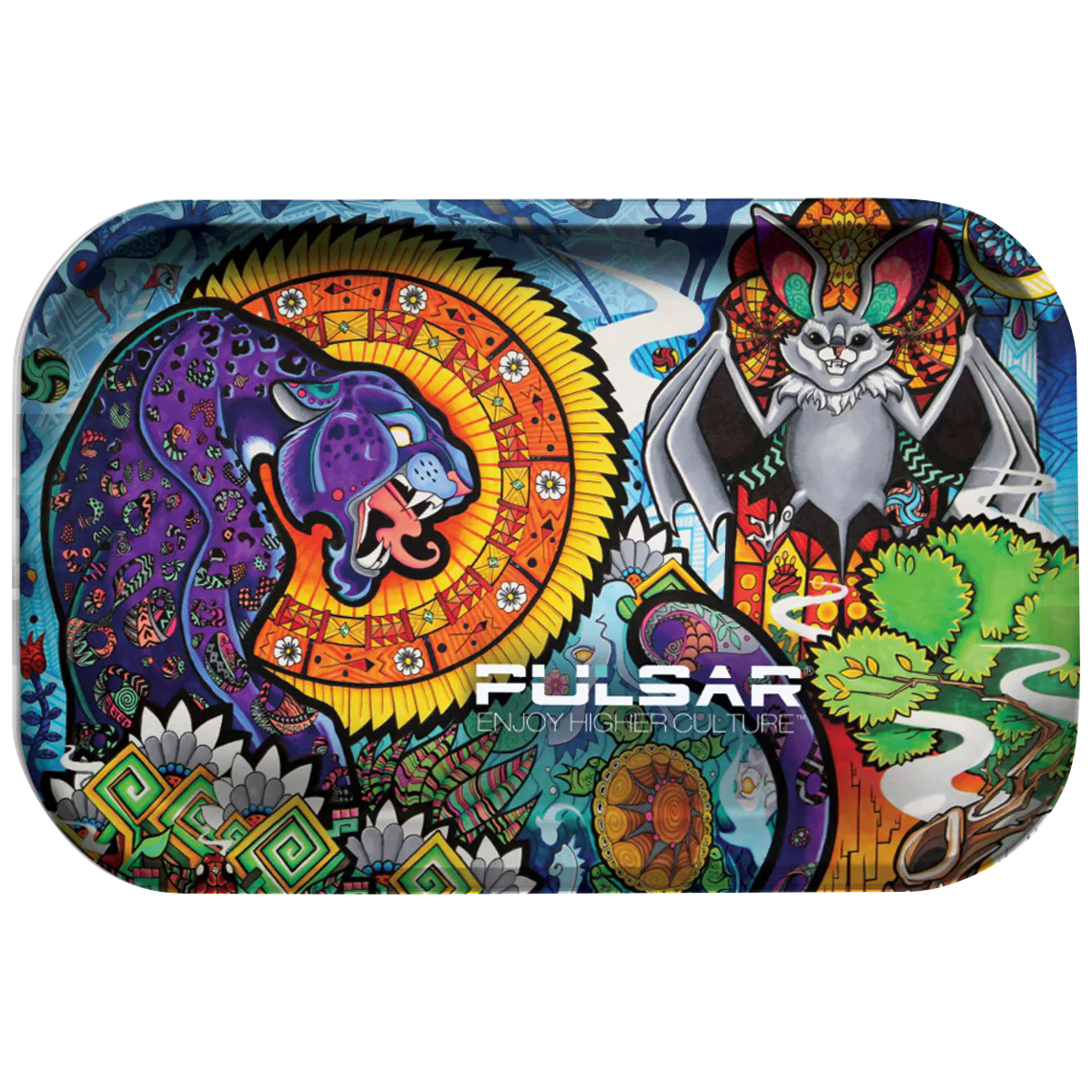 Pulsar Psychedelic Jungle Metal Rolling Tray with vibrant artwork, 11" x 7" size, top view