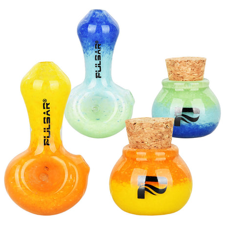 Pulsar Puff & Stash Glass Spoon Pipes and Jars in various colors with cork lids
