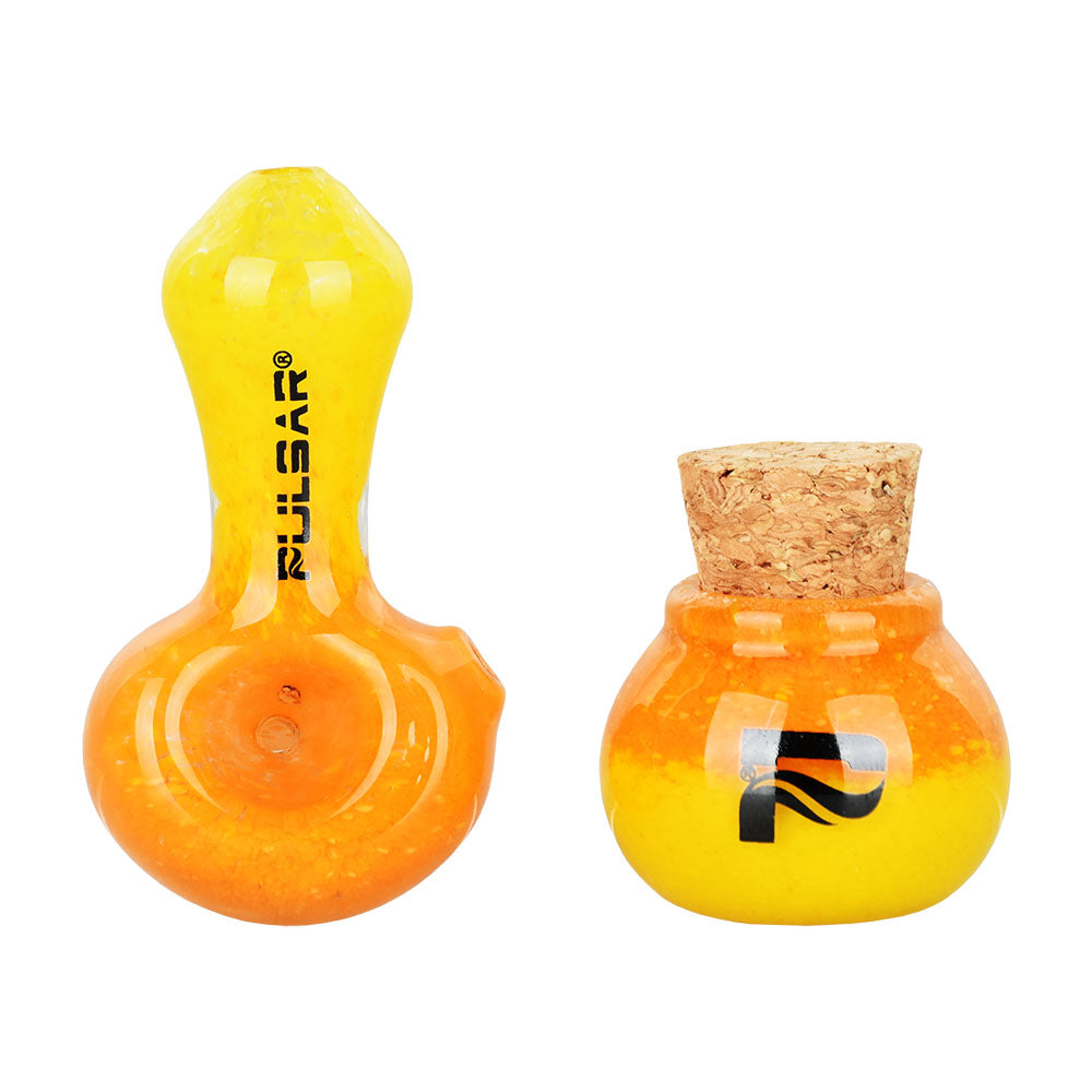 Pulsar Puff & Stash Glass Spoon Pipe & Jar in Black and Yellow, Front View
