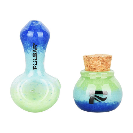 Pulsar Puff & Stash Glass Spoon Pipe in Black with Matching Jar, Front View