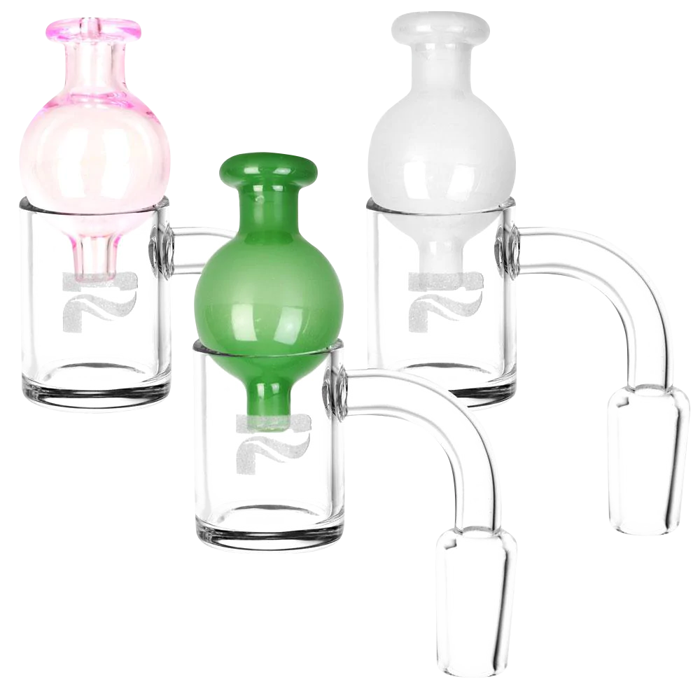 Pulsar Quartz Banger & Ball Carb Cap Set in assorted colors, clear 90 degree joint angle, for concentrates