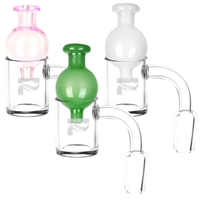 Pulsar Quartz Banger & Ball Carb Cap Set in assorted colors, clear 90 degree joint angle, for concentrates