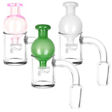 Pulsar Quartz Banger & Ball Carb Cap Set in clear, pink, and green variants, front view on white background