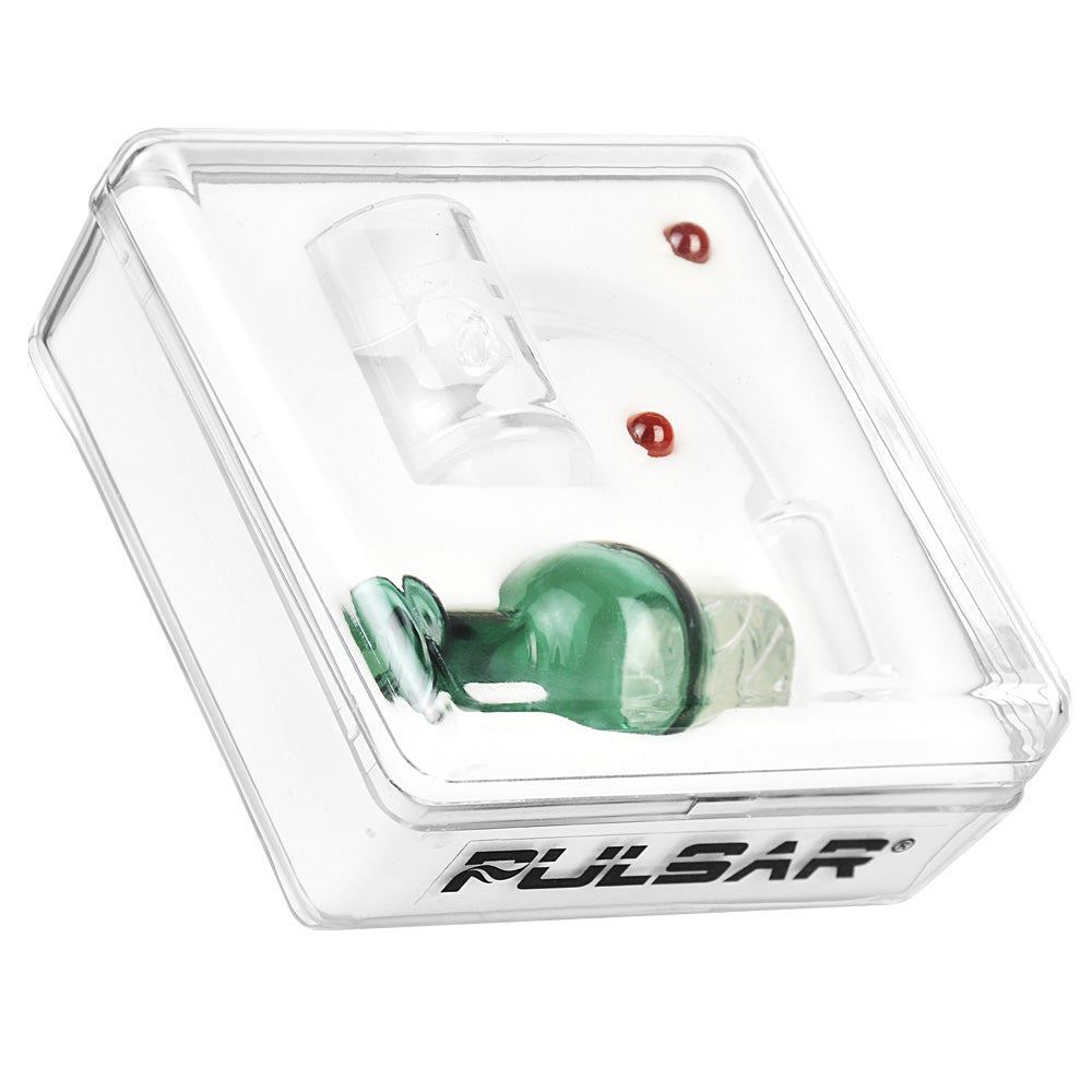 Pulsar Quartz Banger with Helix Carb Cap, clear, for concentrates, angled view in packaging