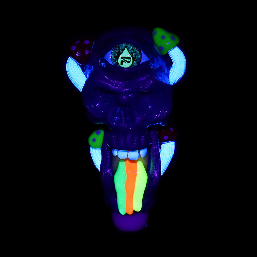 Pulsar Rainbow Puking Skull Spoon Pipe made of Borosilicate Glass, Front View