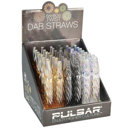 Pulsar Rainbow Twist Dab Straws display box with assorted colors, 4.72" borosilicate glass